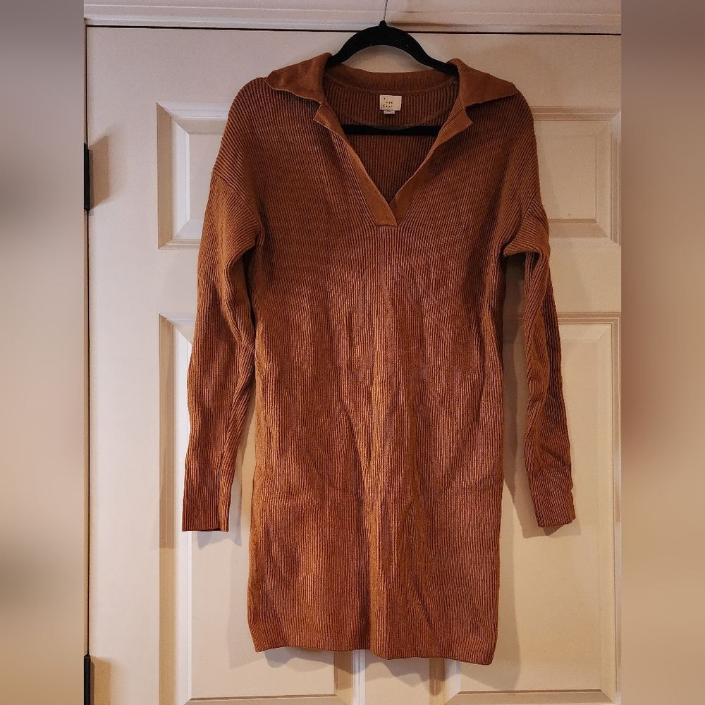 A New Day tan/orange stretchy ribbed knit long sleeve mini dress XS